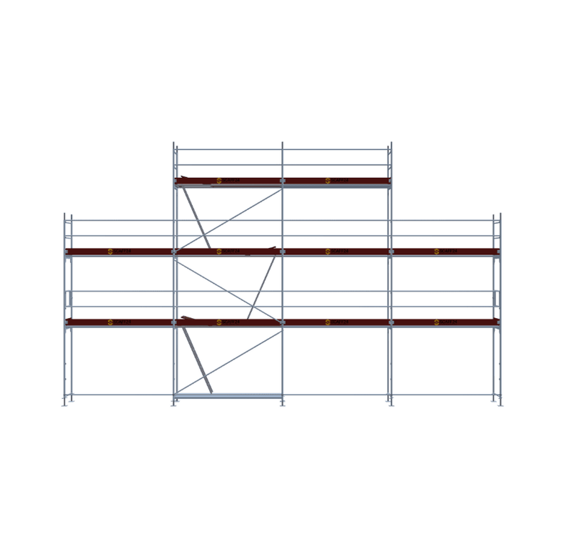 Giebelgerüst 12,28 m x 8 m Arbeitshöhe – Komplettset mit Stahlböden, gebraucht Giebelgerüst Scaff24