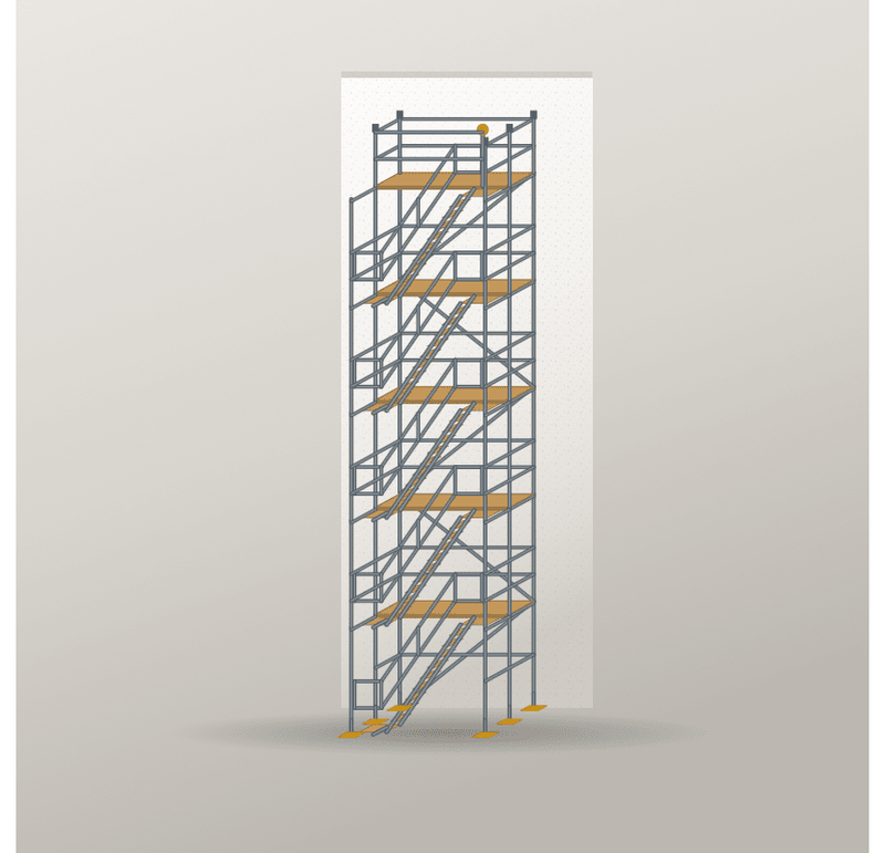 Treppenturm 2,5 x 10 m | 25 m² | Stahl / Holzbelag | SL74 Treppenturm Scaff24
