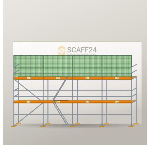 Dachfanggerüst 10 x 6 m | 65 m² | Stahl / Holzbelag | R65 Dachfanggerüst Scaff24 