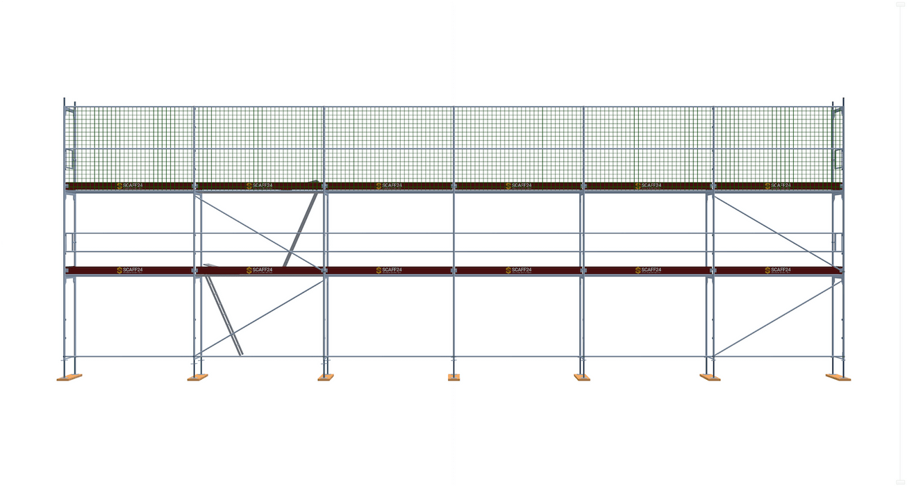 Dachfanggerüst 18×6 m | ca. 120 m² – 2 Ebenen | 73 cm Breite | Stahl Scaff24 
