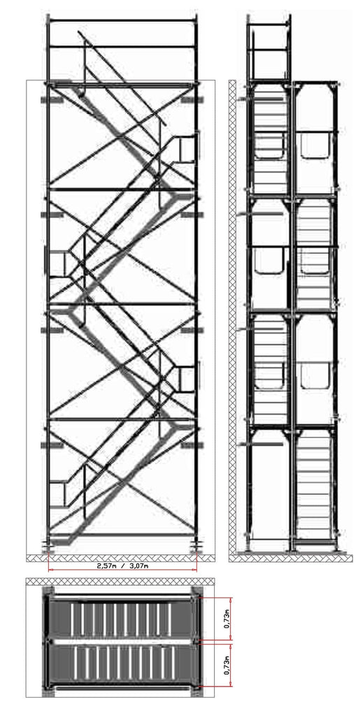 Gerüst Treppenturm 10m Austritt 2,57m Feld - freistehend - Treppenturm 10m Austritt MyScuff 