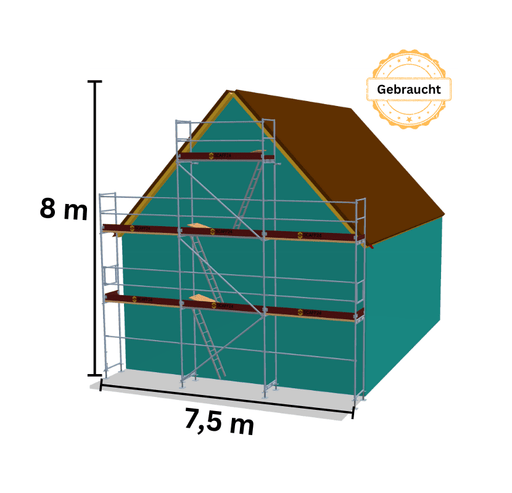 Giebelgerüst 7,5x8m gebraucht – Komplettset mit Holzböden, Alu-Durchstieg & Zubehör Giebelgerüst 60qm MyScuff 