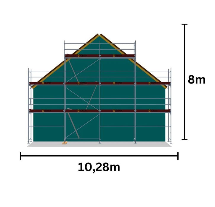 Giebelgerüst gebraucht Layher 87m² – 10,28m x 8m Baugerüst mit Stahlrahmen Giebelgerüst 60qm MyScuff 