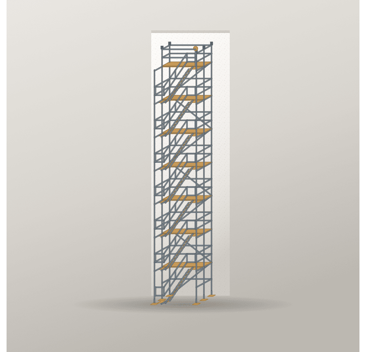 Treppenturm 2,5 x 14 m | Stahl / Holzbelag | SL74 Treppenturm Scaff24 