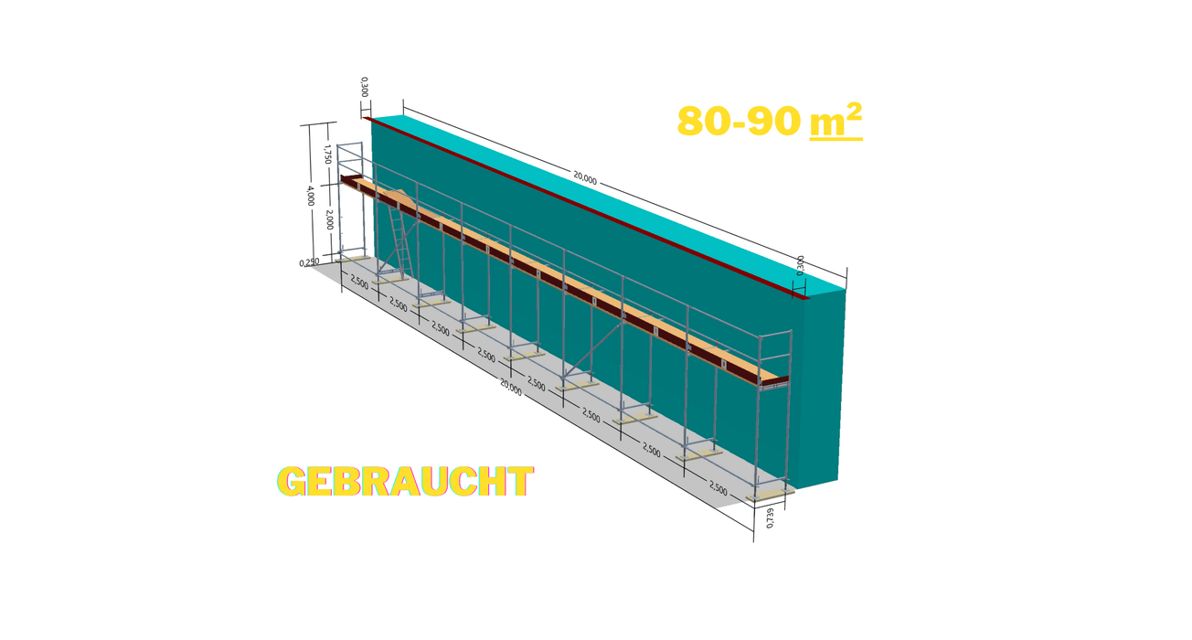 Fassadengerüst / Baugerüst mit Holzboden 80 - 90 m² / 2,5m Felder / Gebraucht Gerüst-Set MyScuff 