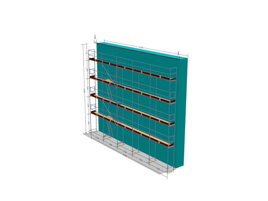 Gerüst 125 - 131,25 qm (12,5x10m) mit Leitergang inkl. Leiter | Holzboden 2,5m Gerüst 125qm MyScuff 